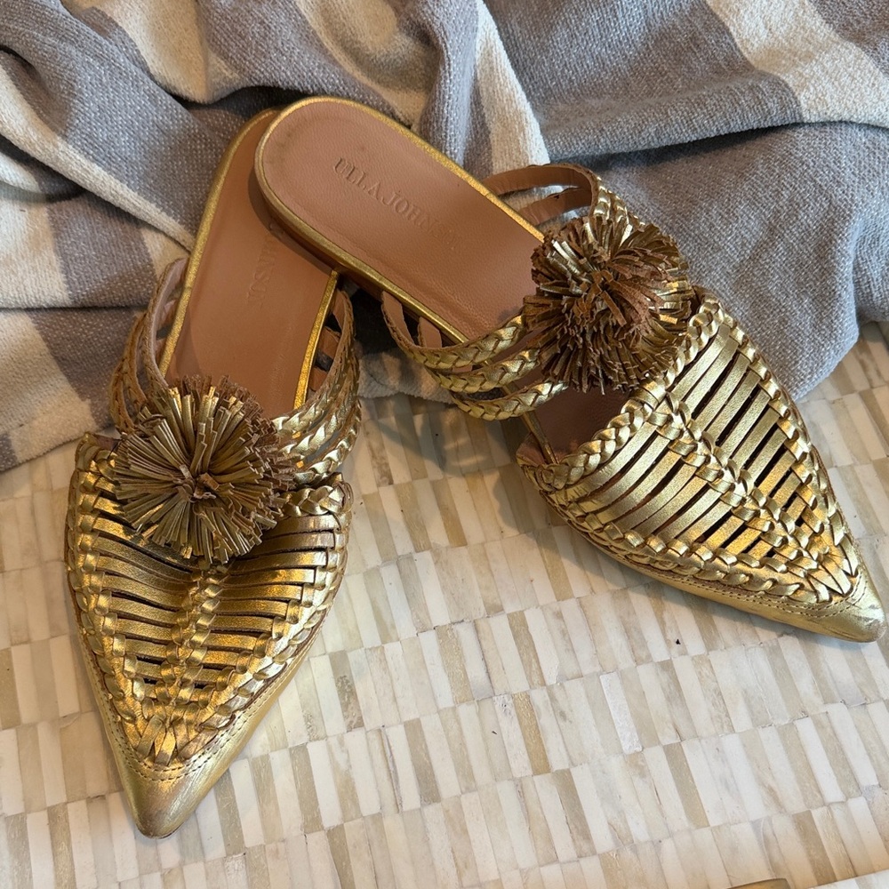 Ulla Johnson Gold Woven Mules with Tassel Accent
